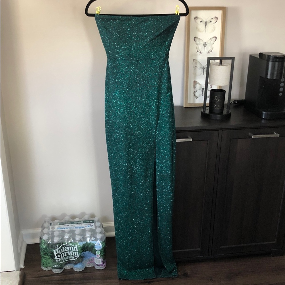 Windsor Emerald Green Glitter Strapless Maxi Dress